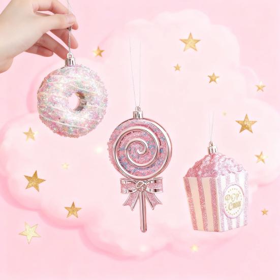 Christmas Ornament Sparkling Pink Series Ice Cream Doughnut Shape Hanging Pendant Farmhouse Xmas Decor