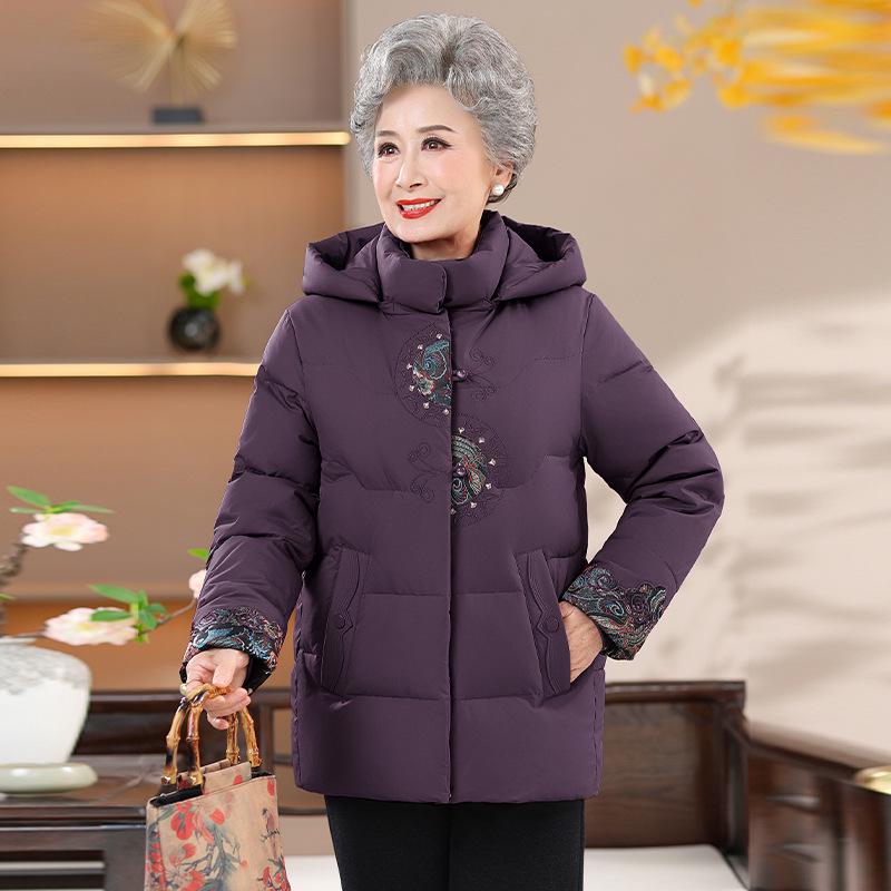 Velvet-Lined Cotton Coat for Middle-Aged Women - Hooded Winter Jacket for Grandma