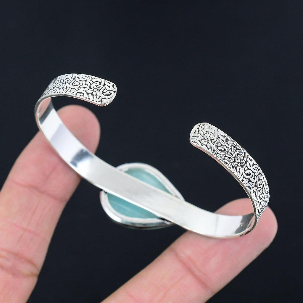 Friendship Day Sale Pear Natural Amazonite Sterling Silver Wife Handmade Bangle