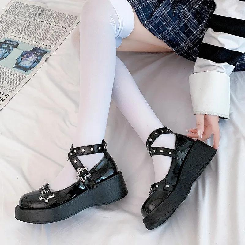 Shoes Lolita Shoes Women Heels Platform Mary Janes Star Buckle Strap Mary Janes Women Cross-tied Girls Rivet Casual Kawaii Shoes