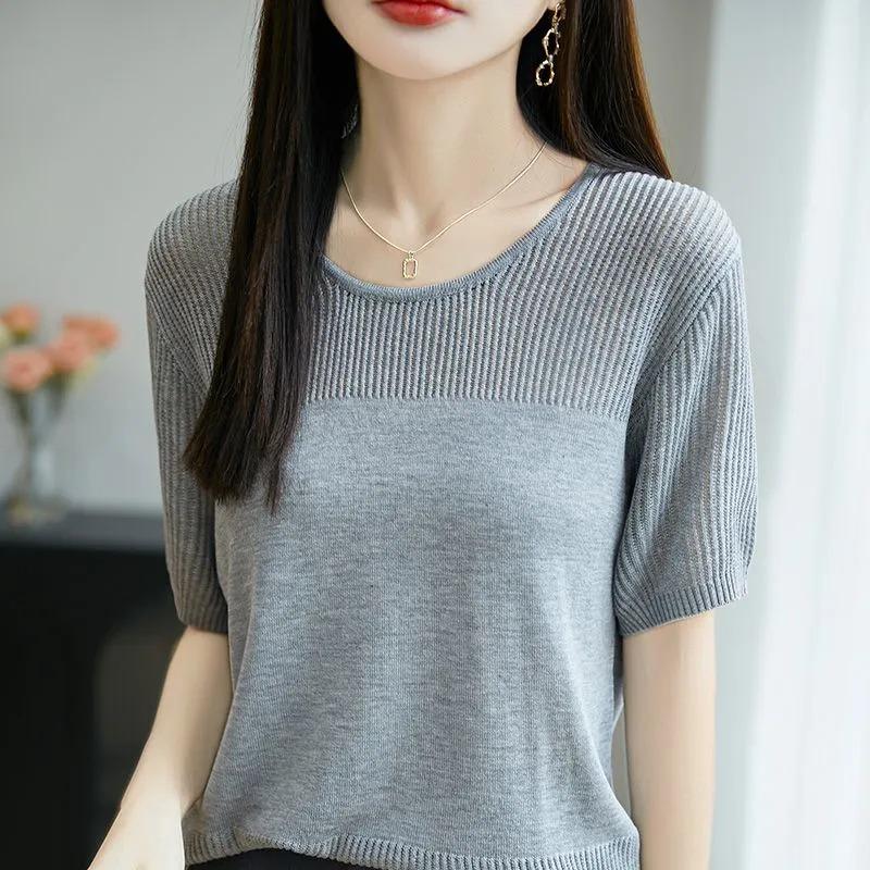 Women s Crew Neck Short Sleeve Hollow Out Knit Top M