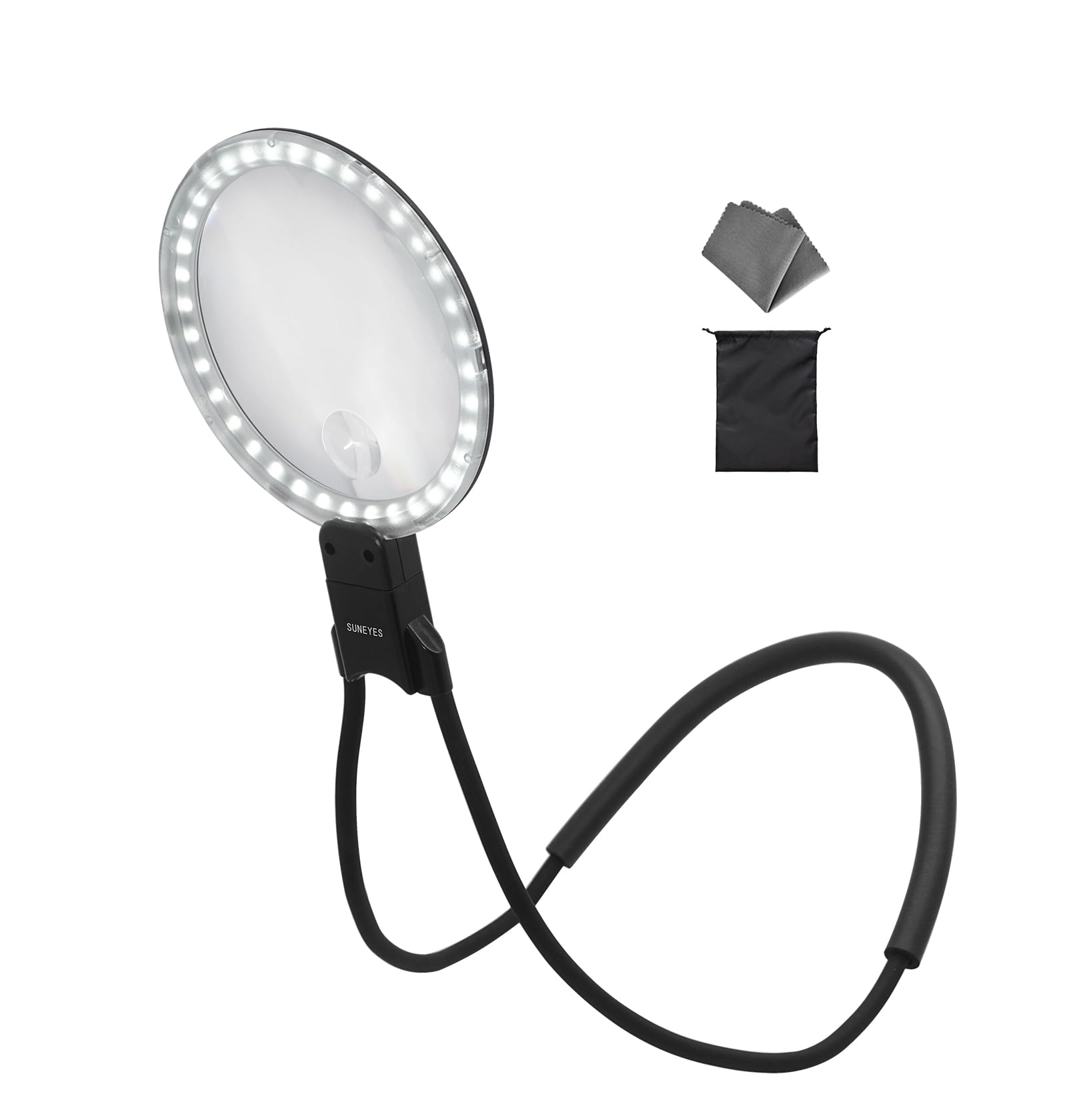 

SUNEYES Neck Magnifying Glass, 5x Large Mirror, 15x Small Mirror, 12.2cm Diameter, LED Light, USB Charging, 36 Lights, 3 Dimmable Levels, 2 Lenses,