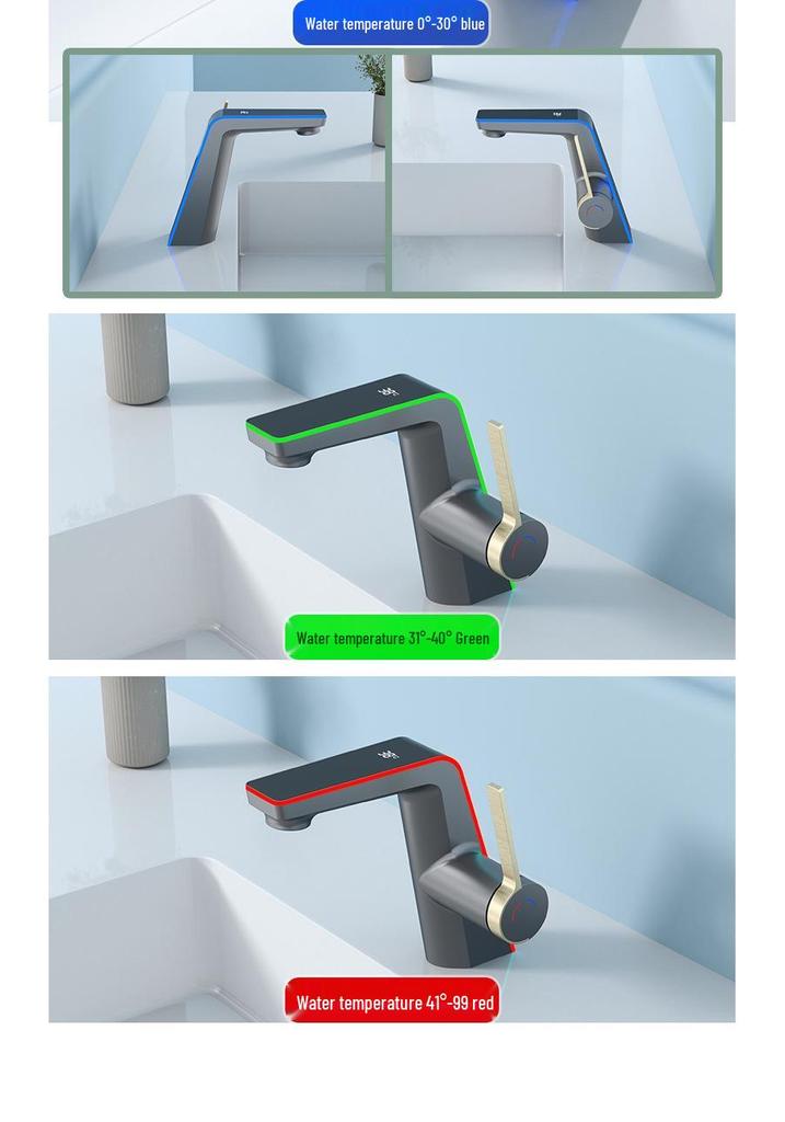 Digital Display Ambient Light Hot and Cold Bathroom Faucet for Vanity and Hand Washing Basin