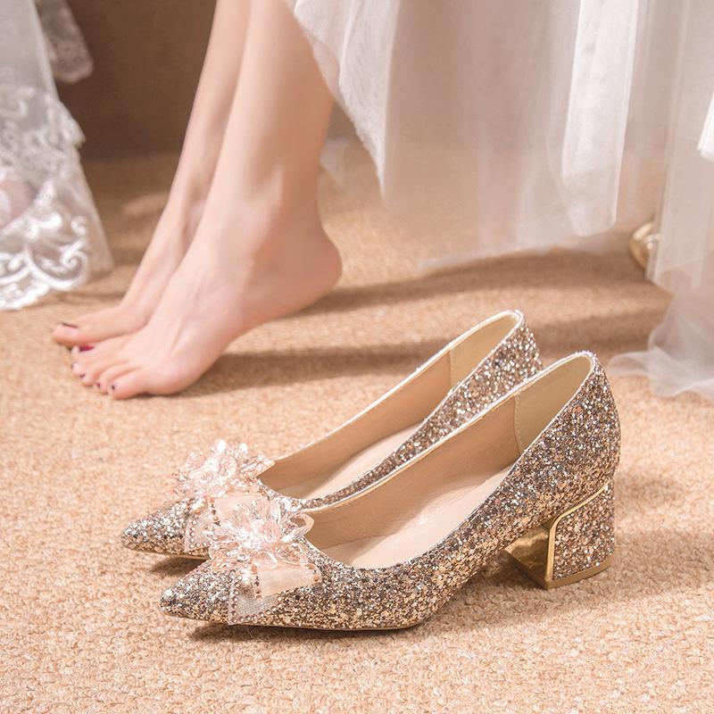 Large size Chinese wedding shoes bridal shoes new crystal sequined wedding show heel pointed single shoes