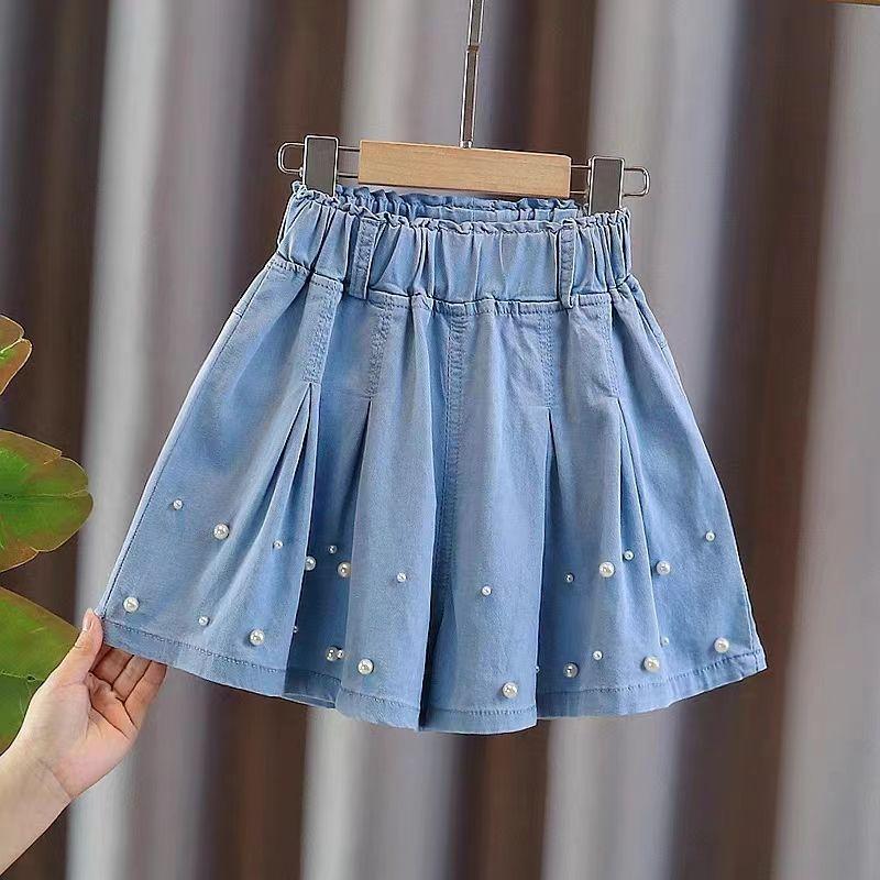Girls' Denim Pearl Shorts Skirt Summer New Mid Size Girls' Half Skirt Pleated Skirt Children's Skirt Pants