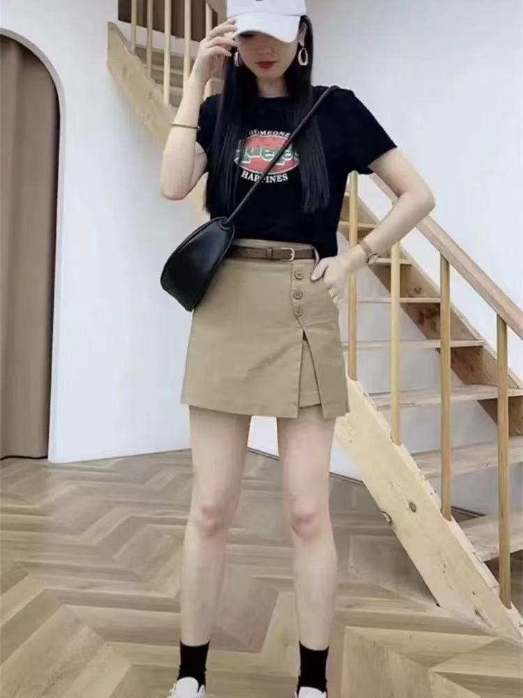 Khaki Women's Summer Workwear Skort - European Style, Slimming, Versatile, Elastic High-Waist, Mid-Calf Split.