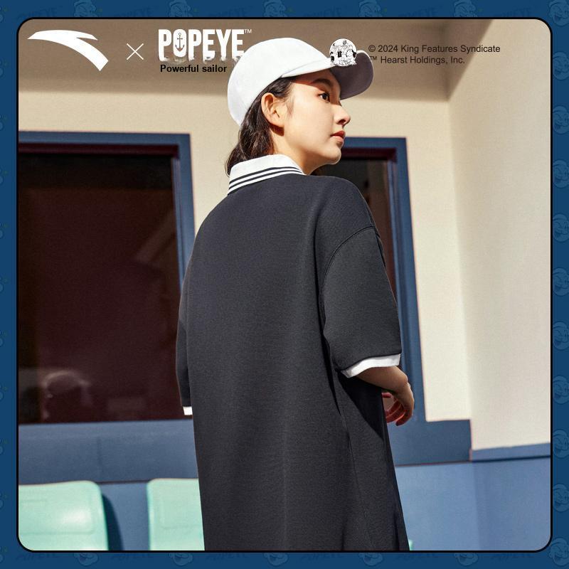 Anta X Popeye Collaboration Lifestyle Series Loose Breathable Color Block Pattern Polo Dress Women Dresses Black 962428205-2