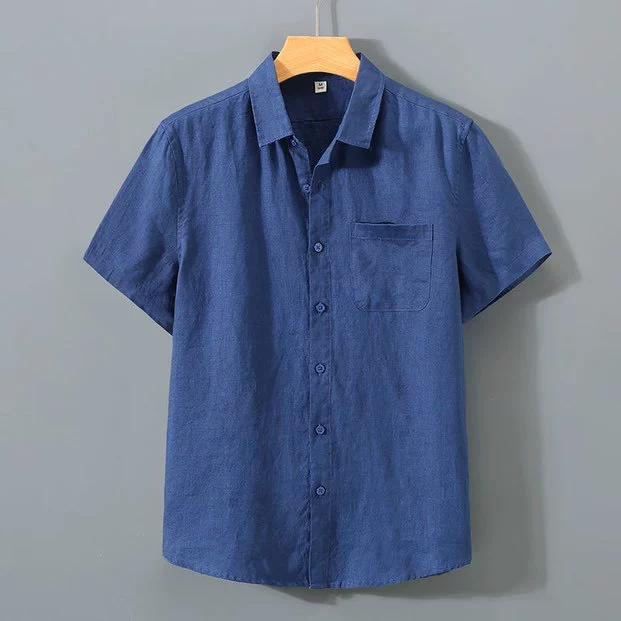 

Summer Men s Short Sleeve Shirt Cotton Linen Lightweight Breathable Cozy Casual Lapel Collar Simple Style Shirts XS темно-синього кольору