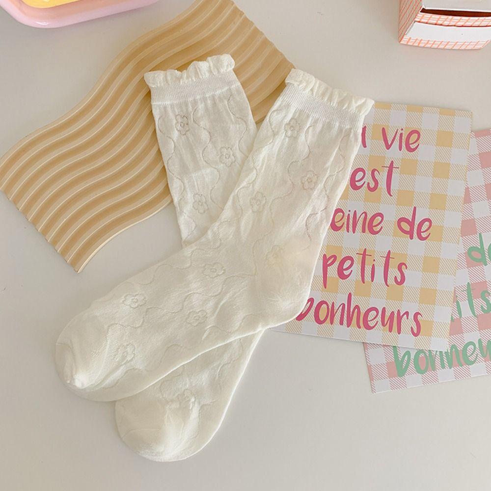 6Pairs Mesh Hollow Transparent Flower Socks Ruffle Sweet Socks Women Ins Style Mid Tube Socks  Girl