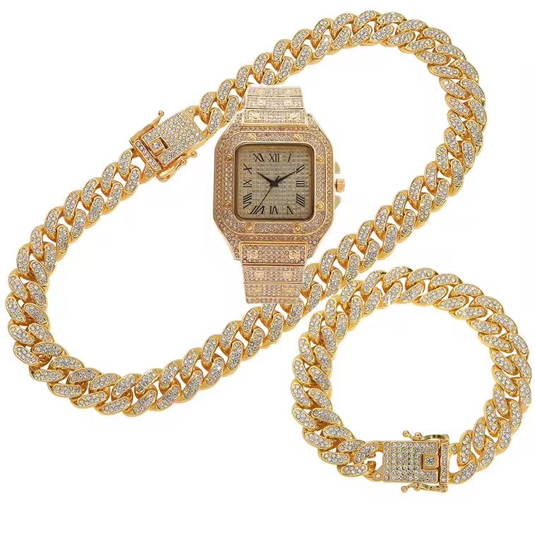 Bling Fully Iced Out Quartz Watch Necklace Bracelet Set Silver Gold Plated 13mm Chain Diamond Pointer Dial Men's