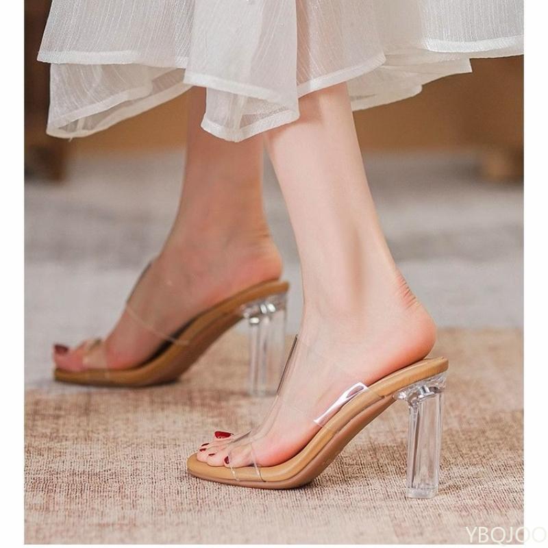 

Fashion Transparent high-heeled sandals for summer 2025new crystal heel fashion simple square toe women s shoes for wearing outside 40