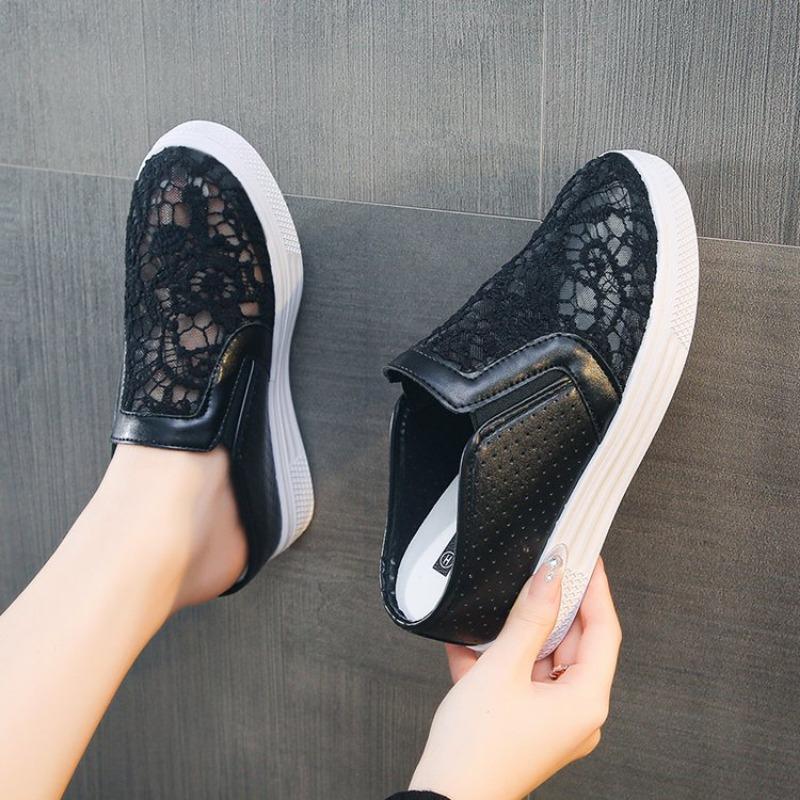 Fashion Embroider Flower Slippers Women Creepers Outside Air Mesh Mules Shoes Platform Sandals Breathable Closed Toe Slides Flip Flops