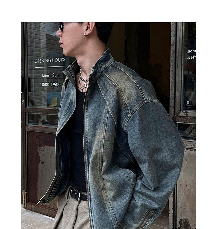 Men's High-End Heavyweight Deconstructed Denim Stand-Up Collar Jacket - Trendy American Retro PUNK Style