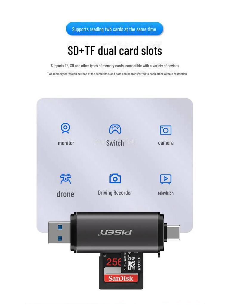 PISEN USB 3.0 & Type-C 3.0 Aluminum Alloy Dual SD/TF Card Reader