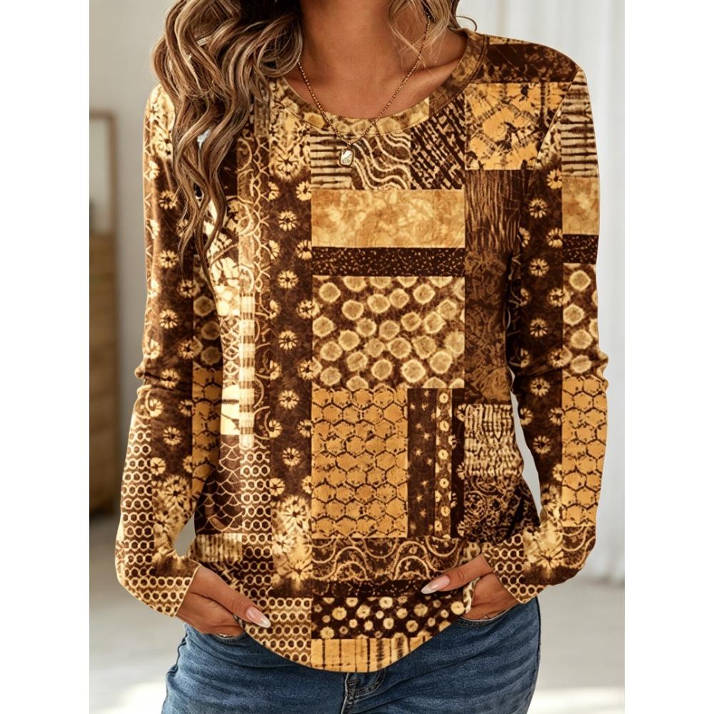 Women's Long Sleeve Crew Neck Patchwork Geometric Print Casual T-Shirt, Regular Tops for Spring Summer Daily Weekend Wear