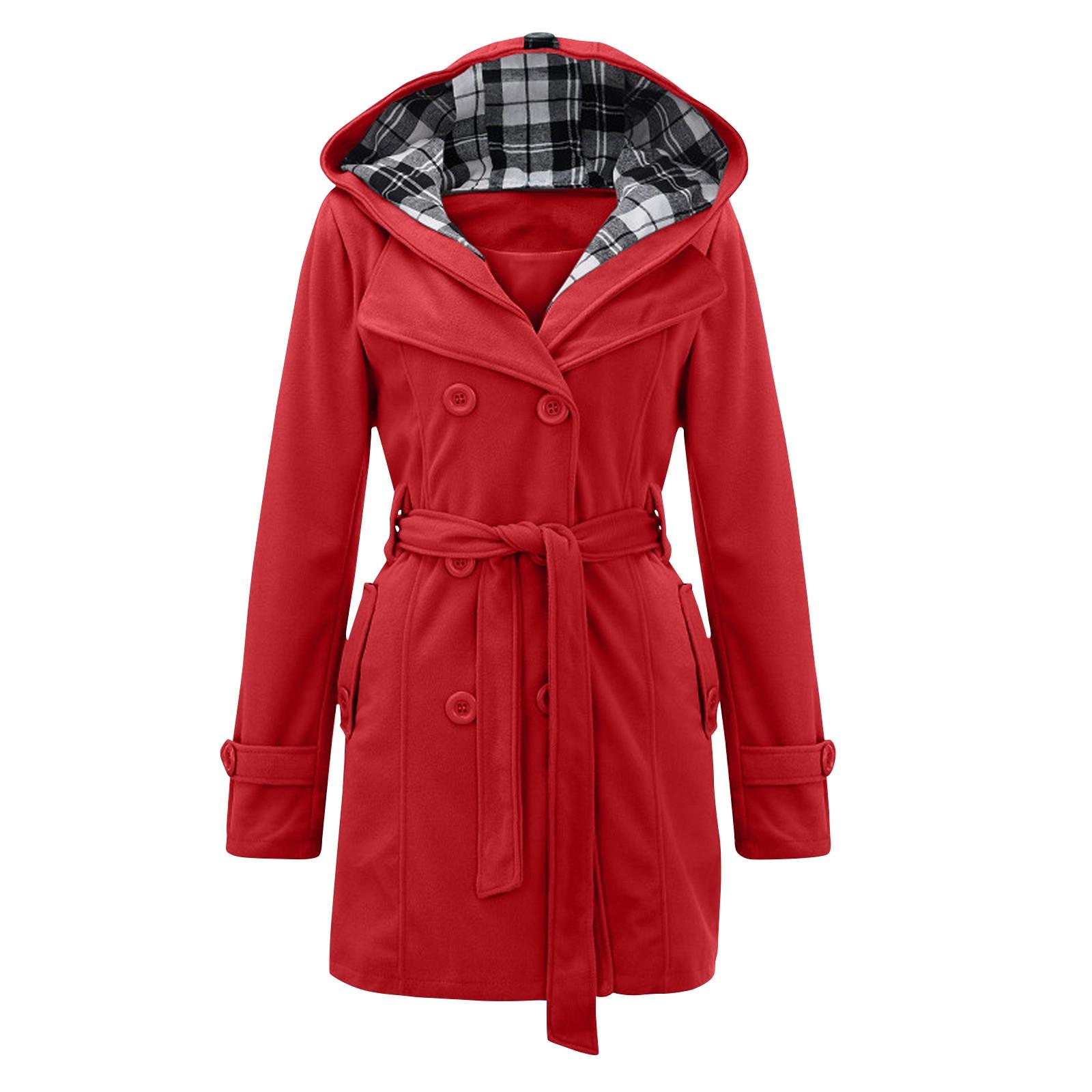 

Женская теплая зимняя двубортная куртка с капюшоном и длинными секциями с поясом M красный