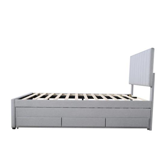 90x200cm Cotton Linen Fabric Storage Bed with Drawers Pull-out Bed Headboard Lines Design Strong Wood Slat Support Bed Home Furniture