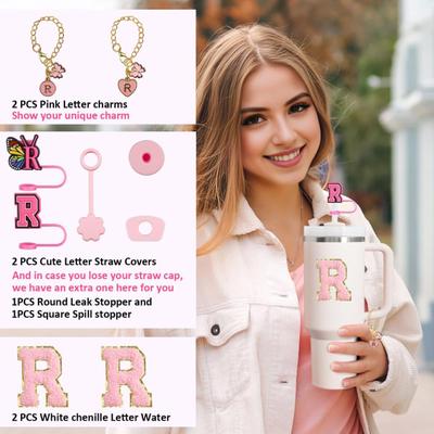 9Pcs Cup Accessories Set for 30oz 40oz Cup Tumbler Initials Decorations Silicone Straw Caps Letter Pendants Spill-Proof Stoppers Handle Charm Sticker