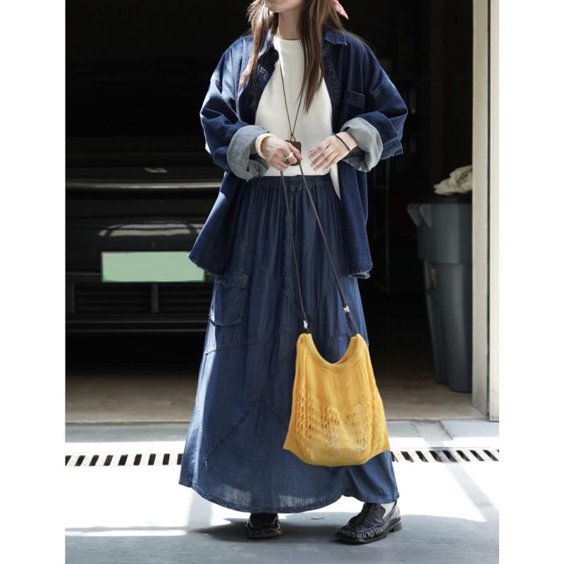 Johnature Japanese Large Pocket Skirt Summer Japanese Casual Elastic Waist Loose Women Skirts
