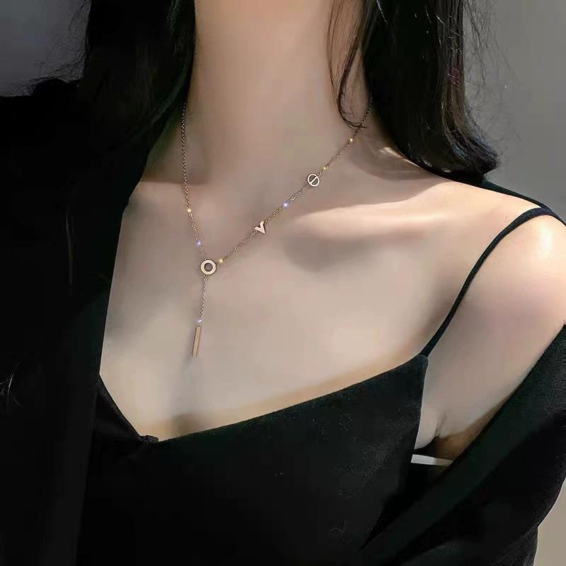 Elegant Korean-Style Titanium Steel Necklace with 'Love' Letter Tassel for Women