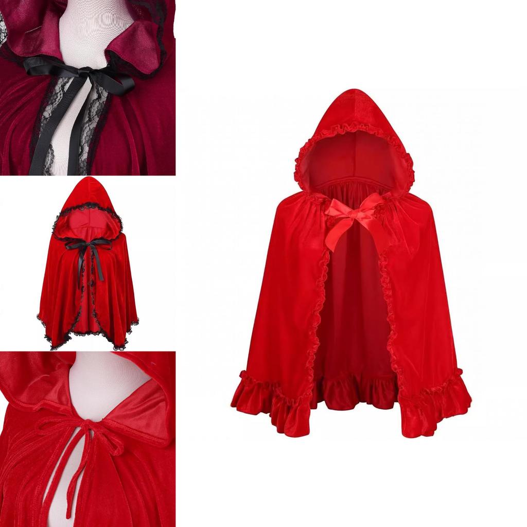 Elegante Mantello con Cappuccio in Velluto Rosso per Donna con Pizzo Arricciato e Bordi a Volant per Tutte le Stagioni