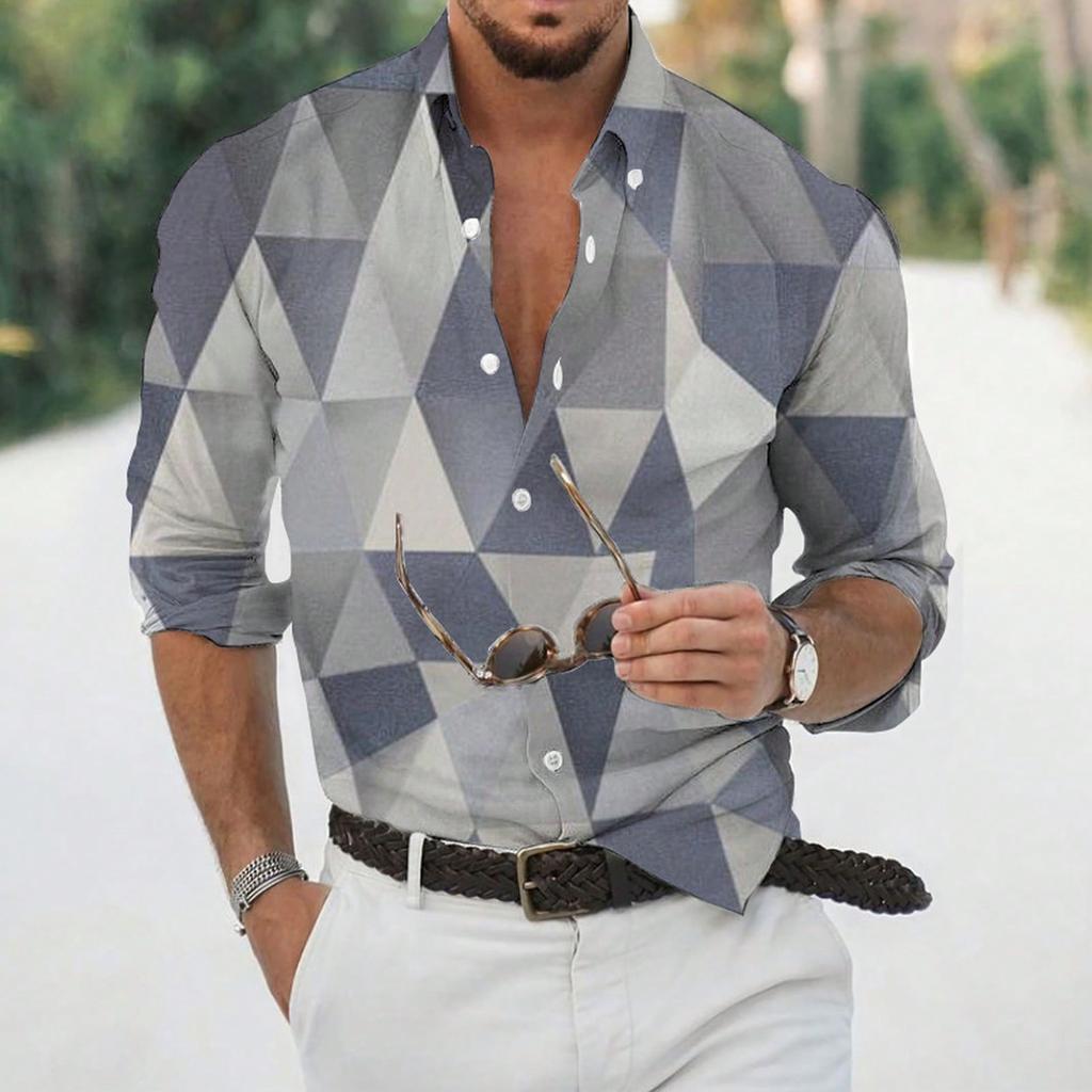 Stylish Men's Geometric Print Long-sleeve Shirt, Versatile for Daily Wear