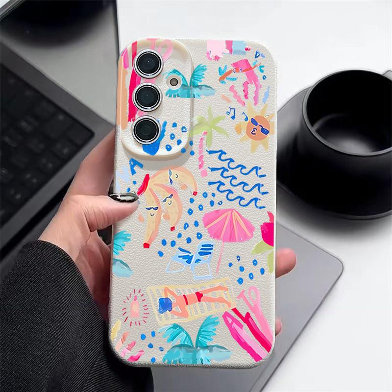 Cartoon Vacation Painting Case For Samsung Galaxy S26 Ultra S25 Edge S24 S23 S22 Plus S21 FE Leather Texture Silicone Cover