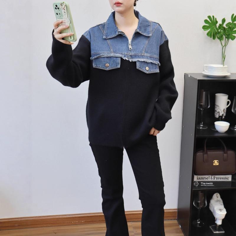Zipper Splicing Denim Knitted Cardigan Autumn and Winter New Loose Casual Design Sweater Jacket Women
