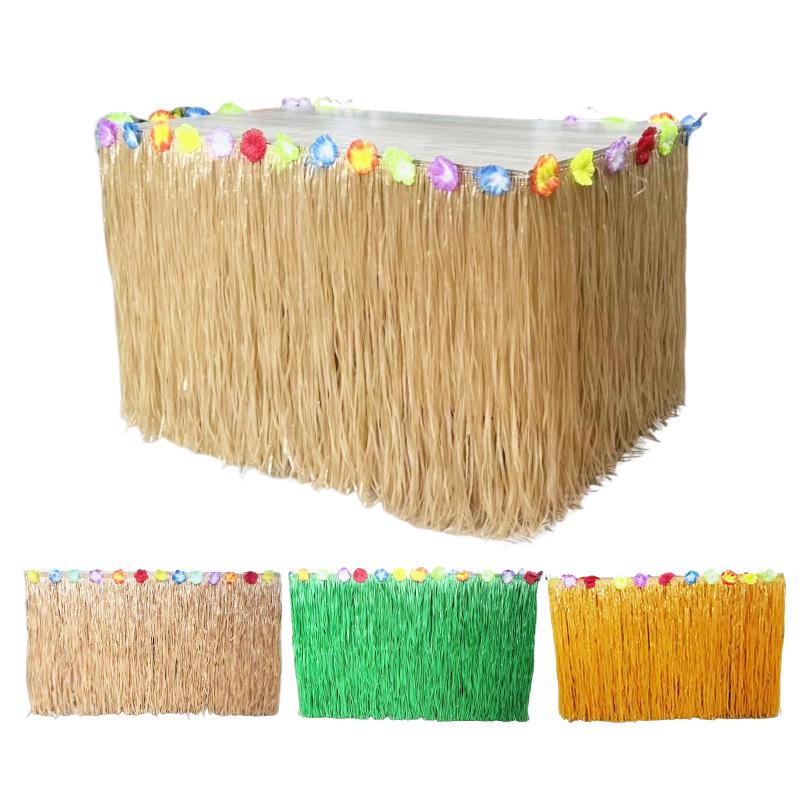 Tropical Party Table Decor Set with Hibiscus Leaf and Straw Tassel Skirt