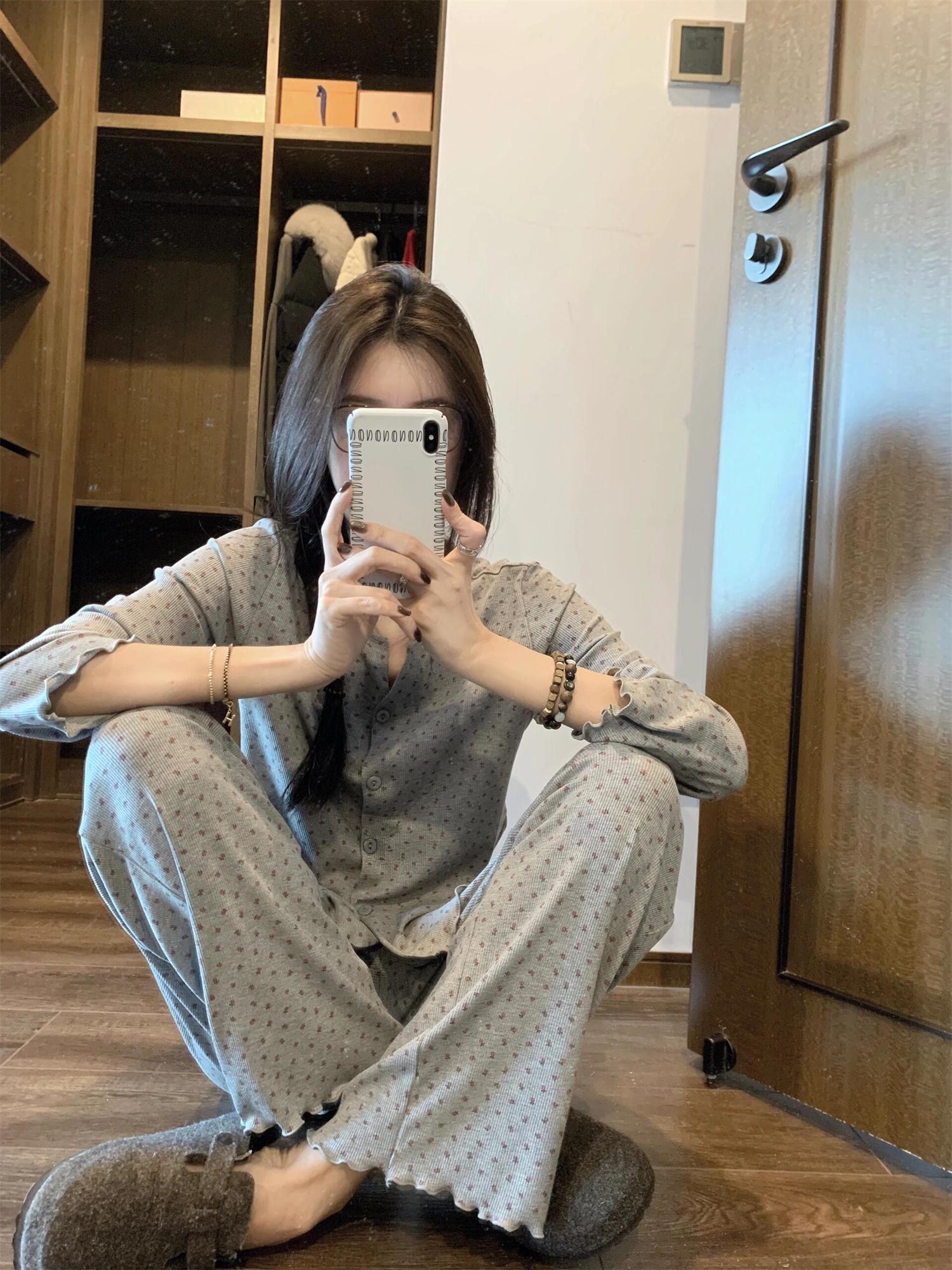 

2025 Women s Korean Floral Pajama Set: Gray, Sweet Casual Long Sleeve and Pants for Spring XXL