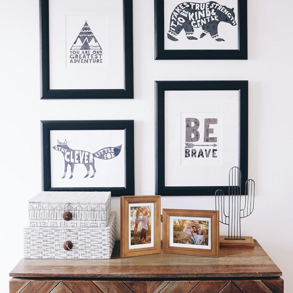 5X7 Double Wooden Hinged Picture Frame Vertical and Horizontal in Distressed Farmhouse Wood Grain, Display 4x6 with Mat or 5x7 without Mat, Folding