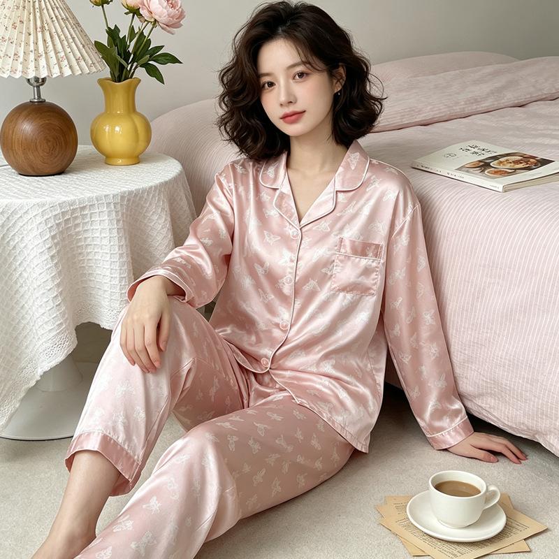 Sweet and high-value butterfly print ice silk pajamas women's ins loungewear long-sleeved trousers two-piece set