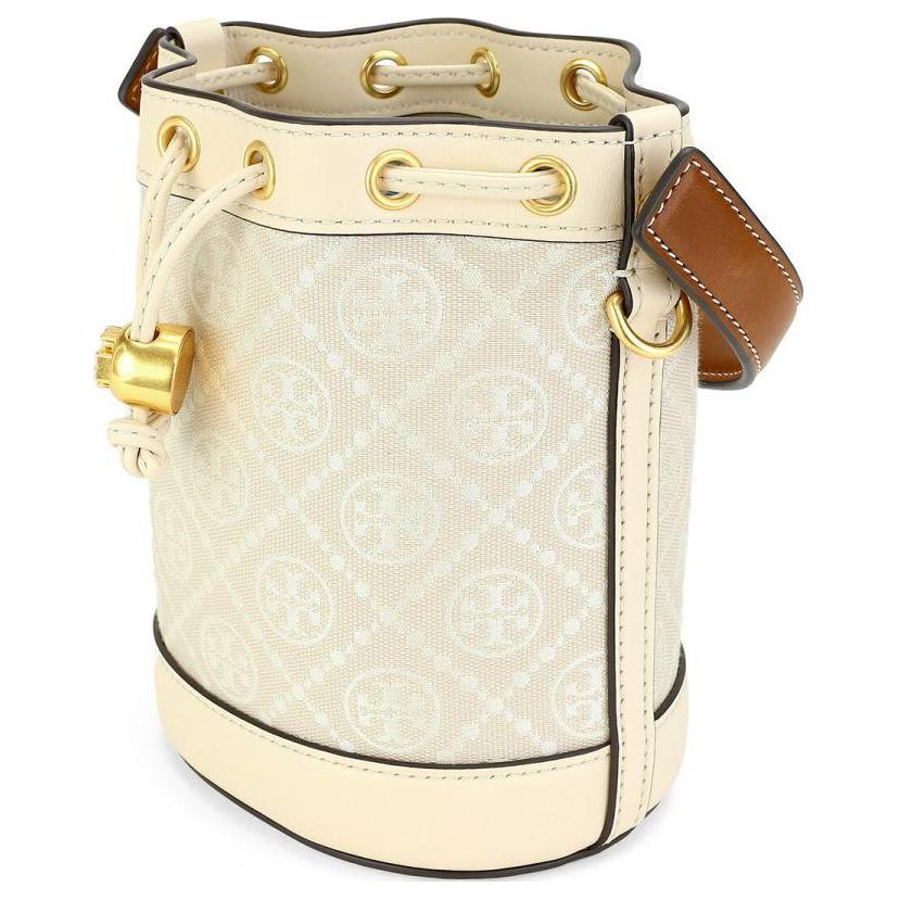 Tory Burch T Monogram All Over Print Drawstring Jacquard Fabric Leather Trim Bucket Bag Mini Women Bags Ivory 80534-254