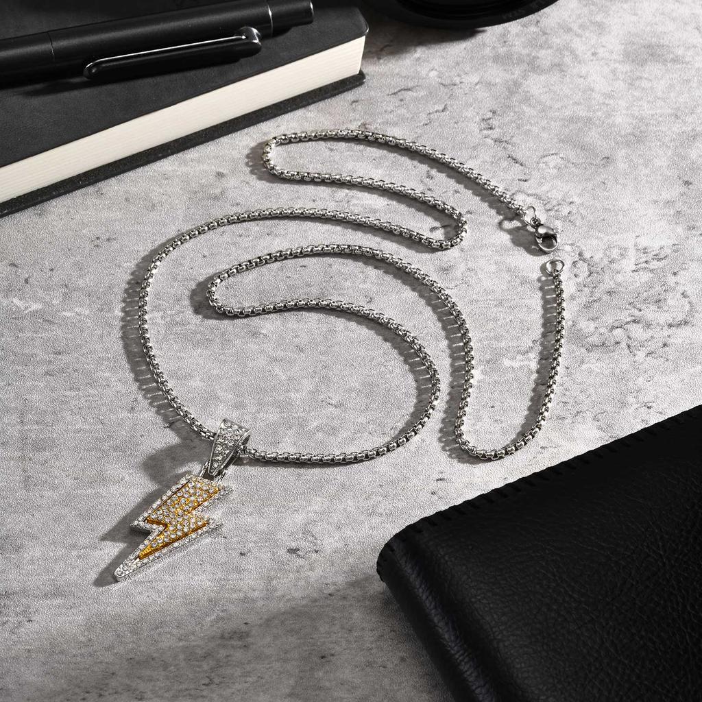 Hip Hop Shining Zircon Lightning Pendant Necklace for Men, Two-color Personality Pendant, Fashion Punk Rock Jewelry Gift
