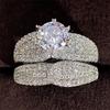 Huitan Bridal Sets Rings with Sparkling Cubic Zircon Luxury Trendy Wedding Engagement 2Pcs Rings for Women Eternity Love Jewelry
