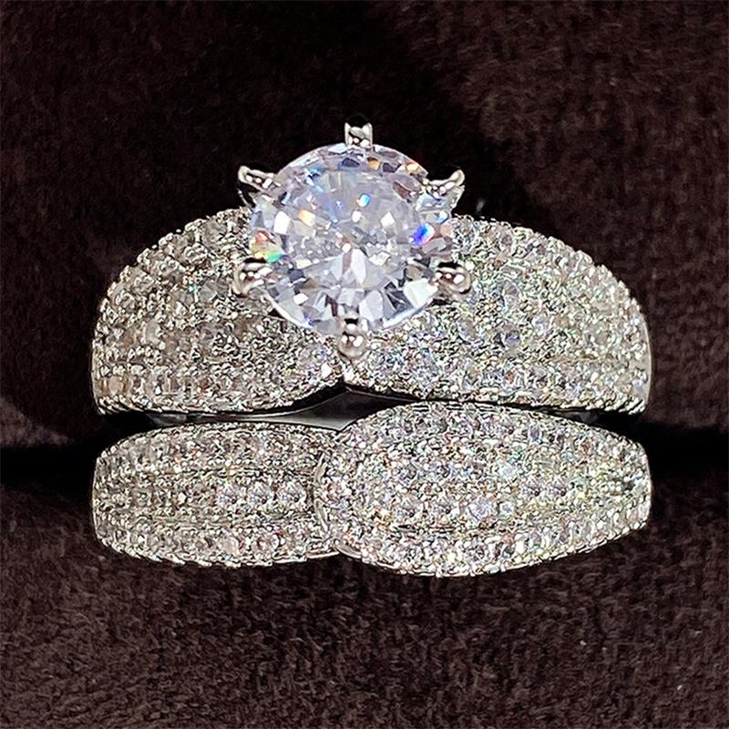 Huitan Bridal Sets Rings with Sparkling Cubic Zircon Luxury Trendy Wedding Engagement 2Pcs Rings for Women Eternity Love Jewelry