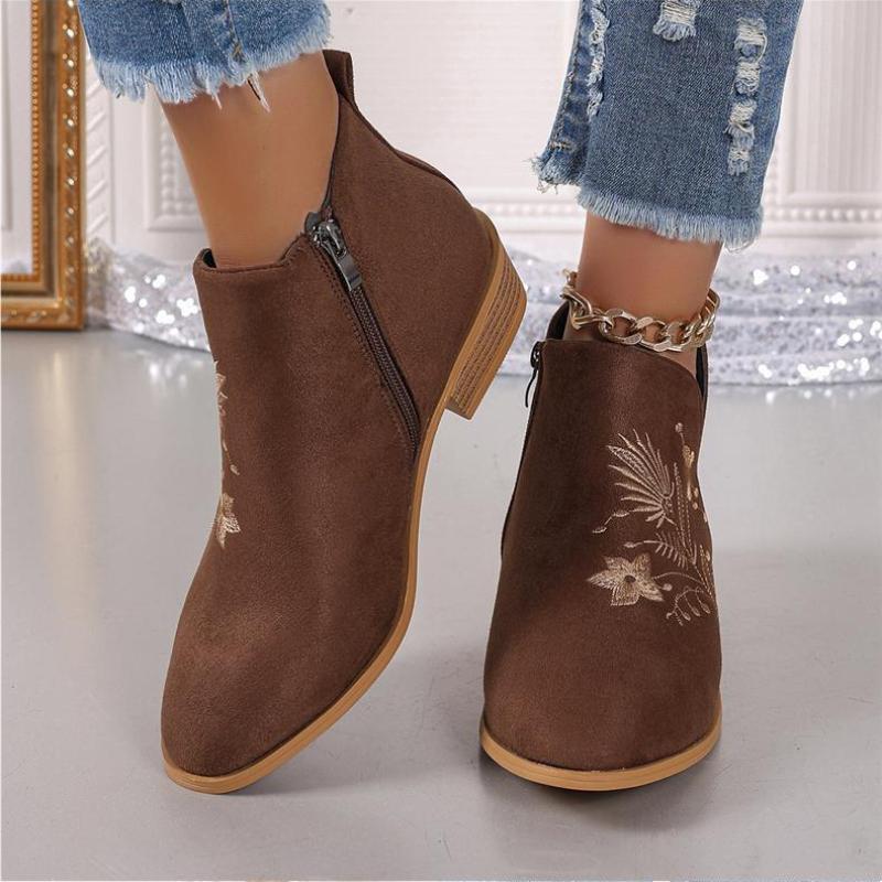 Fashion European American Short Boots 2024 New Suede Embroidered Pattern Pointed Square Heel Daily Women's Single Shoes Zapatos De Mujer