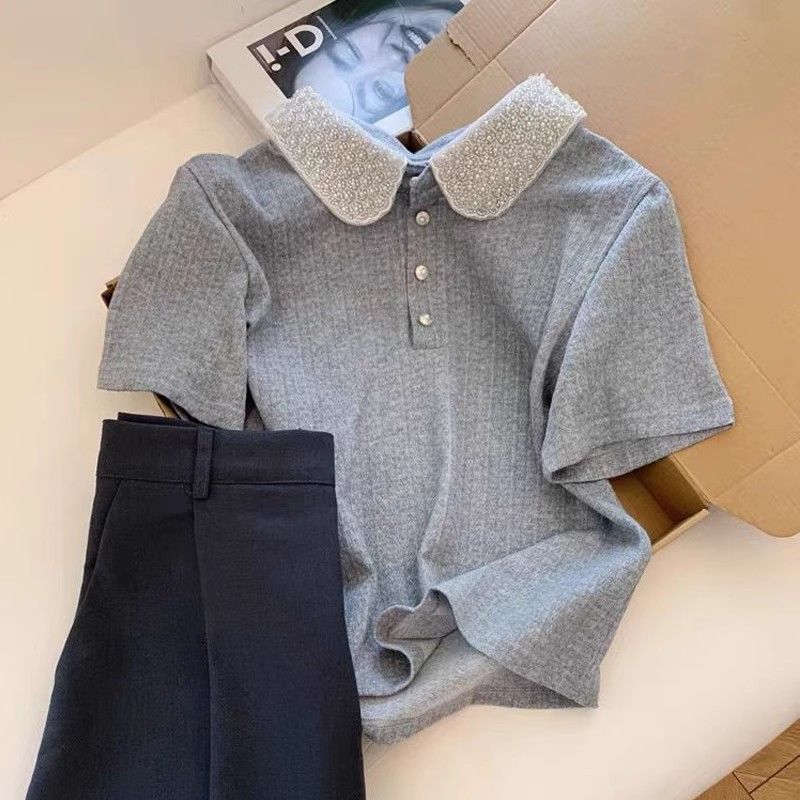 Tricou elegant cu mânecă scurtă și guler polo cu mărgele pentru femei, bluză elegantă de vară