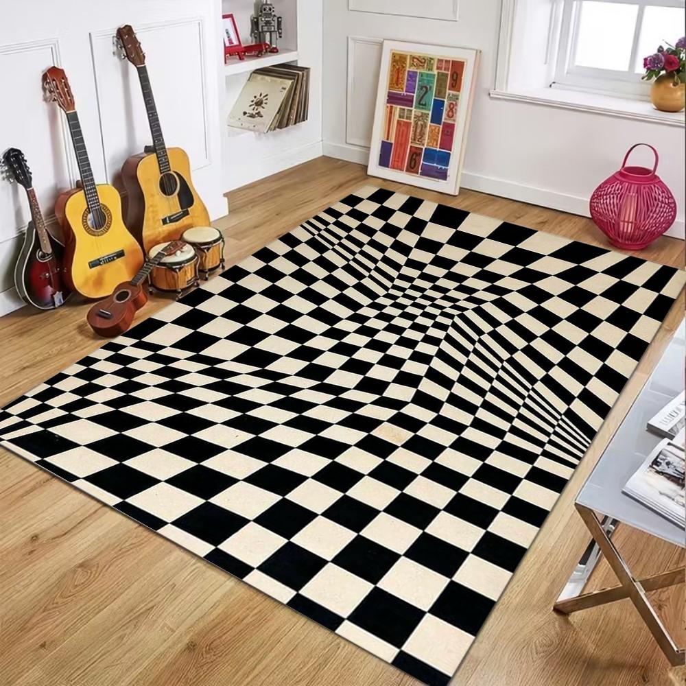 Optischer Schwarz-Weiß-Schachbrett-Teppich Kreativer Visueller Effekt Leicht zu Reinigende Bodenmatte für Wohnzimmer Spielzimmer Heimdekoration
