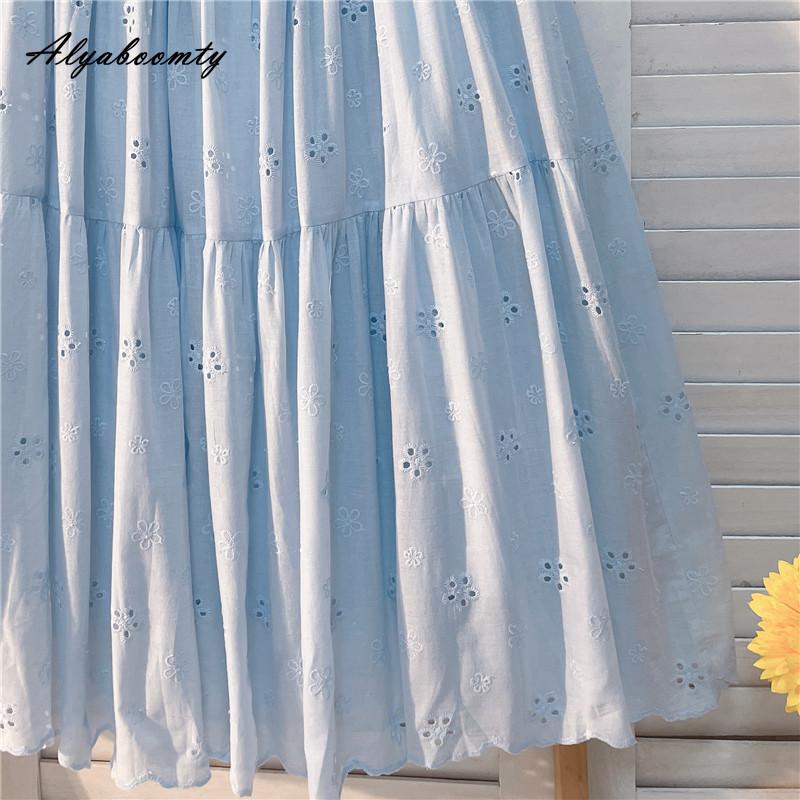 Spring Summer Women Sweet A-Line Skirt High Waist Light Blue Hollow Out Skirt Basic Ladies' Cotton Elegant Feminine Skirts