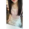 Women's Pink Ruffle Edge Lace-Up Shoulder Cotton Short Sleeve Fake Two-Piece Summer Top