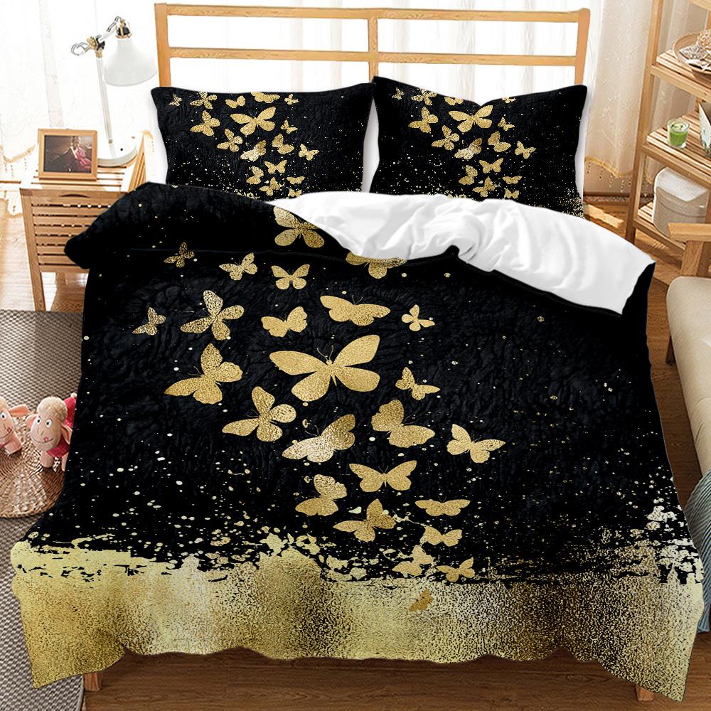 Butterfly King/Queen Size Bedding Sets for Women Golden Butterfly Black Duvet Cover Flower Butterflies Polyester Quilt Cover