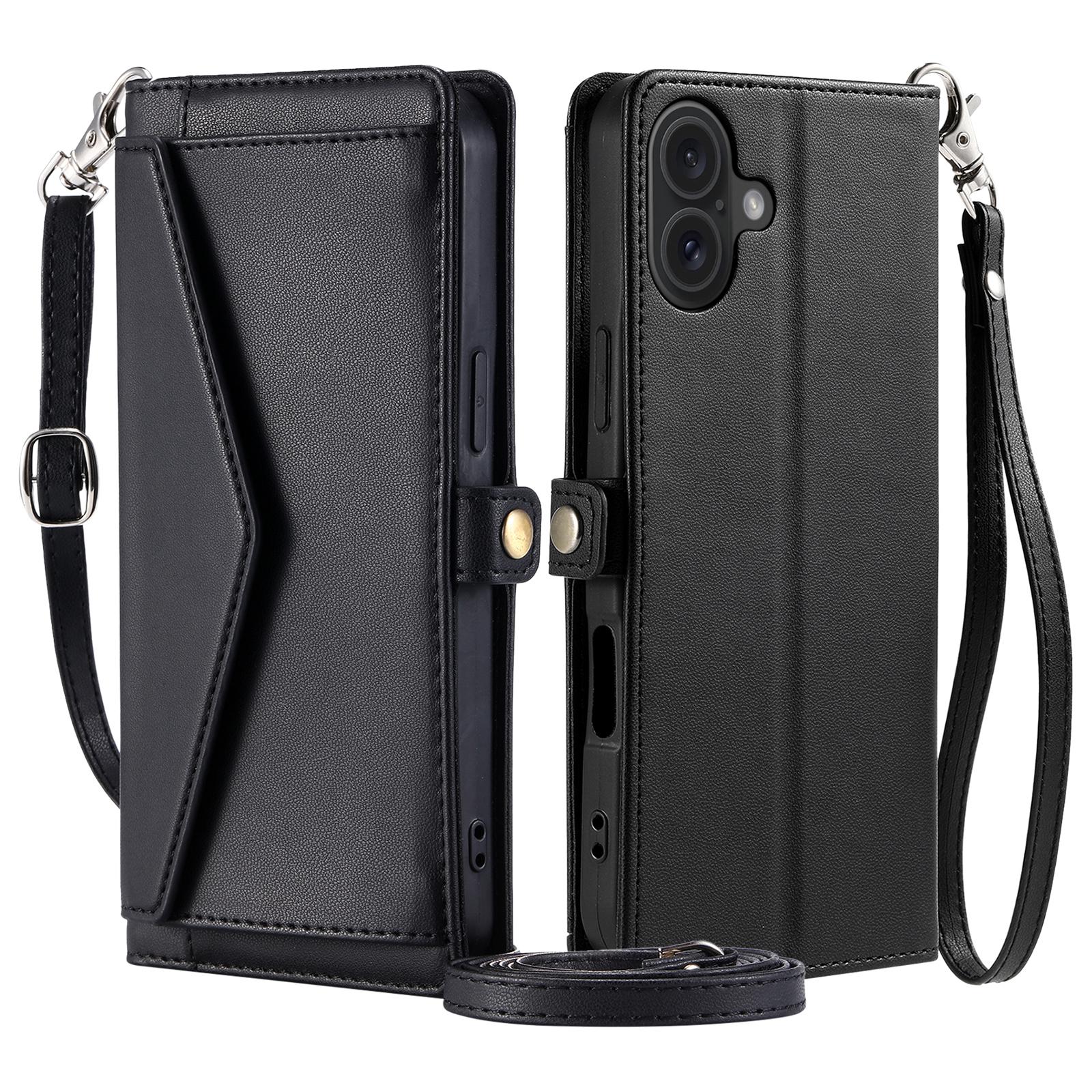 

For iPhone 16 Plus Leather Case Wallet Stand Phone Cover with Straps Black