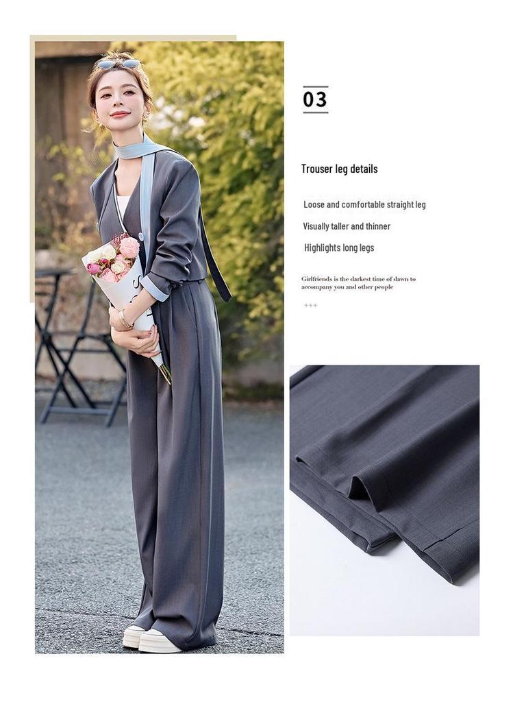 Stylish Spring 2025 Women's Patchwork V-neck Jacket & Wide-leg Pants Two-piece Set