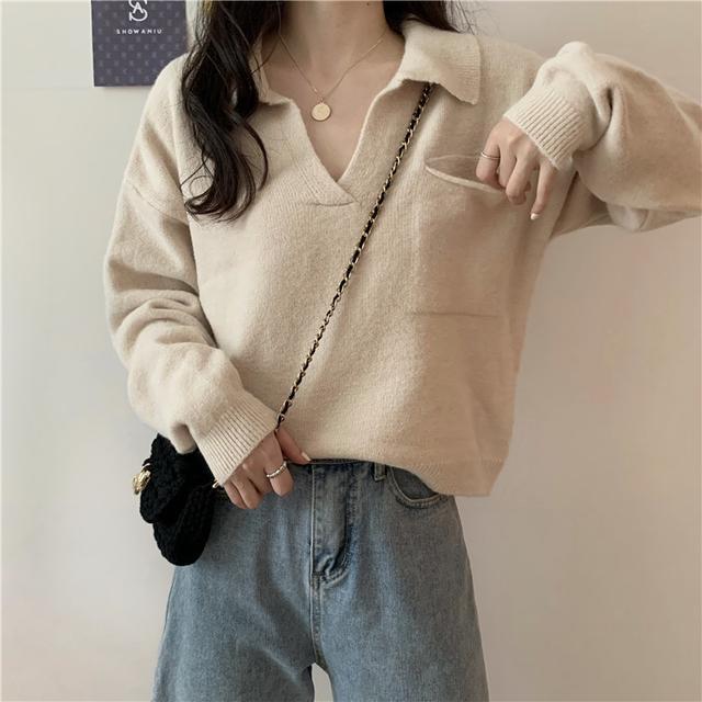 Women's Autumn Korean Style Loose Short Lapel Knit Sweater Long Sleeve Pullover for Students Suitable for Outer Wear or Inner Wear