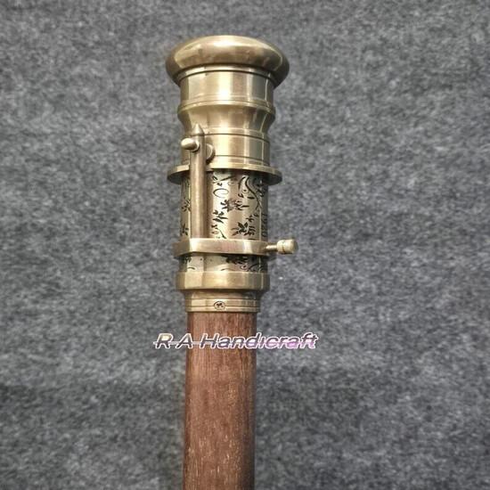 Antique Brass Telescope Head Handle Victorian Wooden Walking Stick Cane