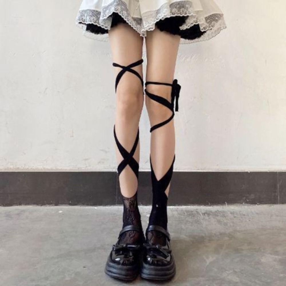 2Pairs Mesh Lolita Lace Stockings Irregular Straps Split Toe Socks Cute Mid Tube Socks Women  Gift