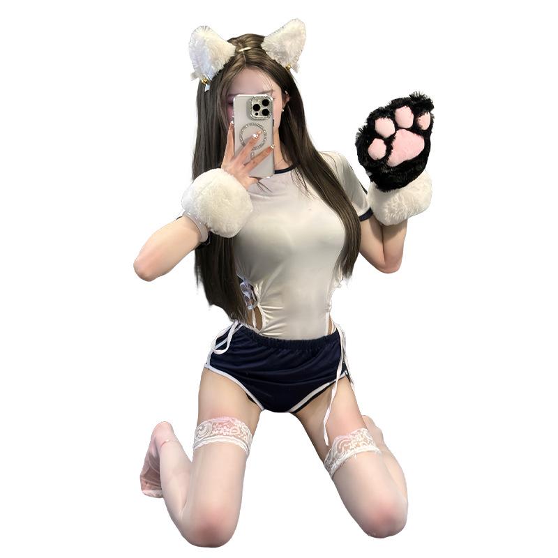 Japanese Pure Desire Women's Sexy Lingerie Cosplay Set with Open Crotch and Quick-Release Gymnastics Suit