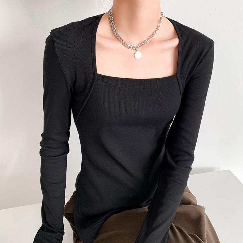 Dámská podzimní spodní košile Všestranné jednobarevné tričko se čtvercovým výstřihem