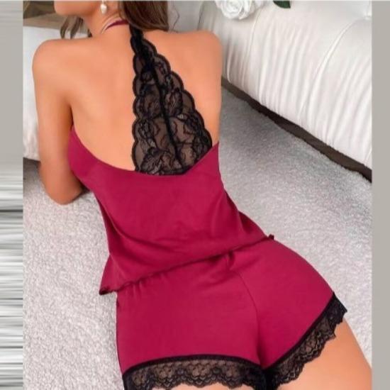 

GMXIA Женские модные и сексуальные шорты на бретелях с V-образным вырезом и кружевом, пижамы и домашняя одежда, комплекты пижам из двух предметов XXXL бордовый
